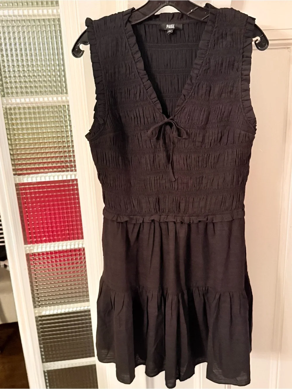 Paige Fraise Sleeveless Smocked Mini Dress Black Tie Front Lined Size L  NWOT